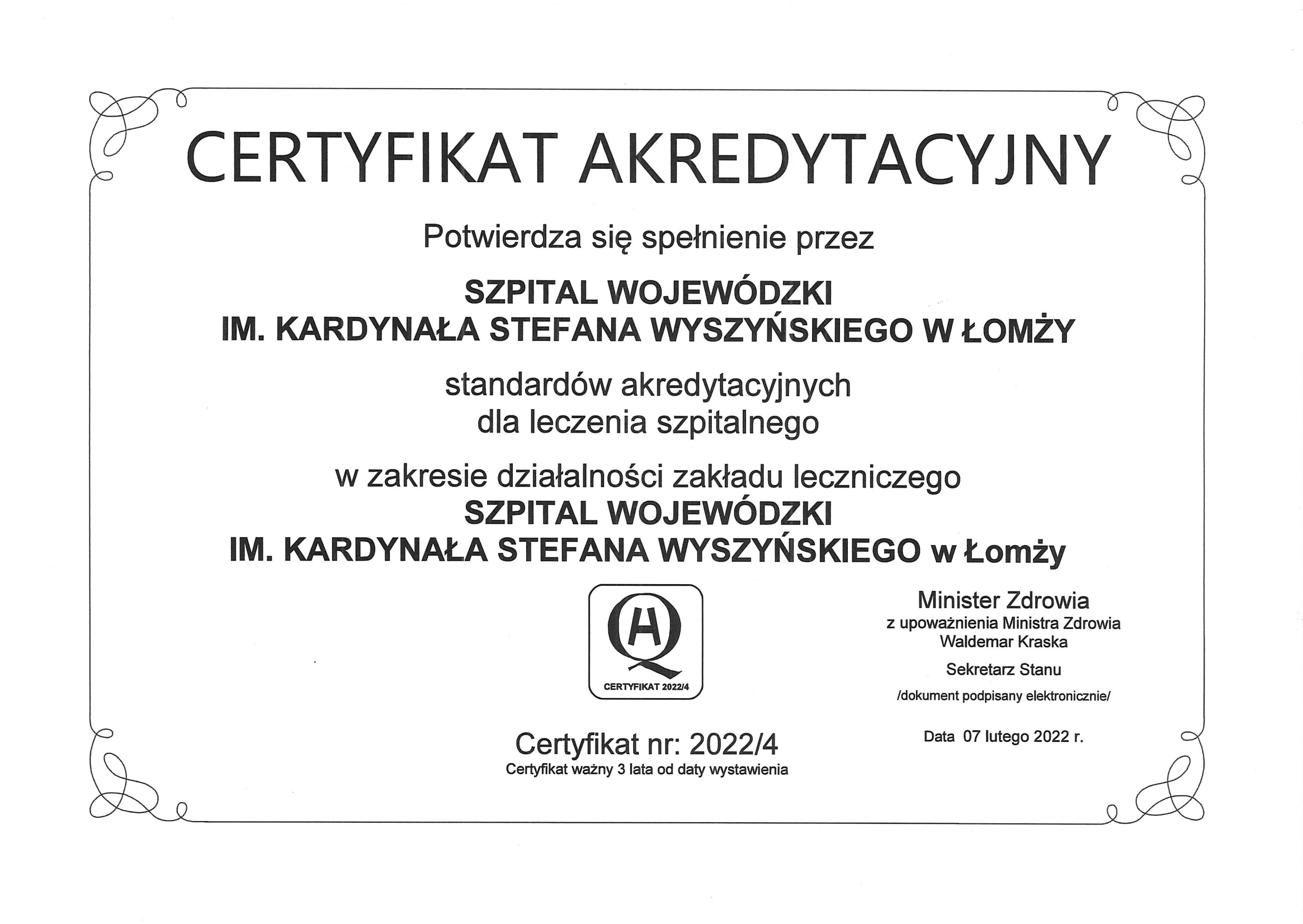 Zdjęcie do wiadomości Szpital Wojewódzki w Łomży z ponowną Akredytacją MZ