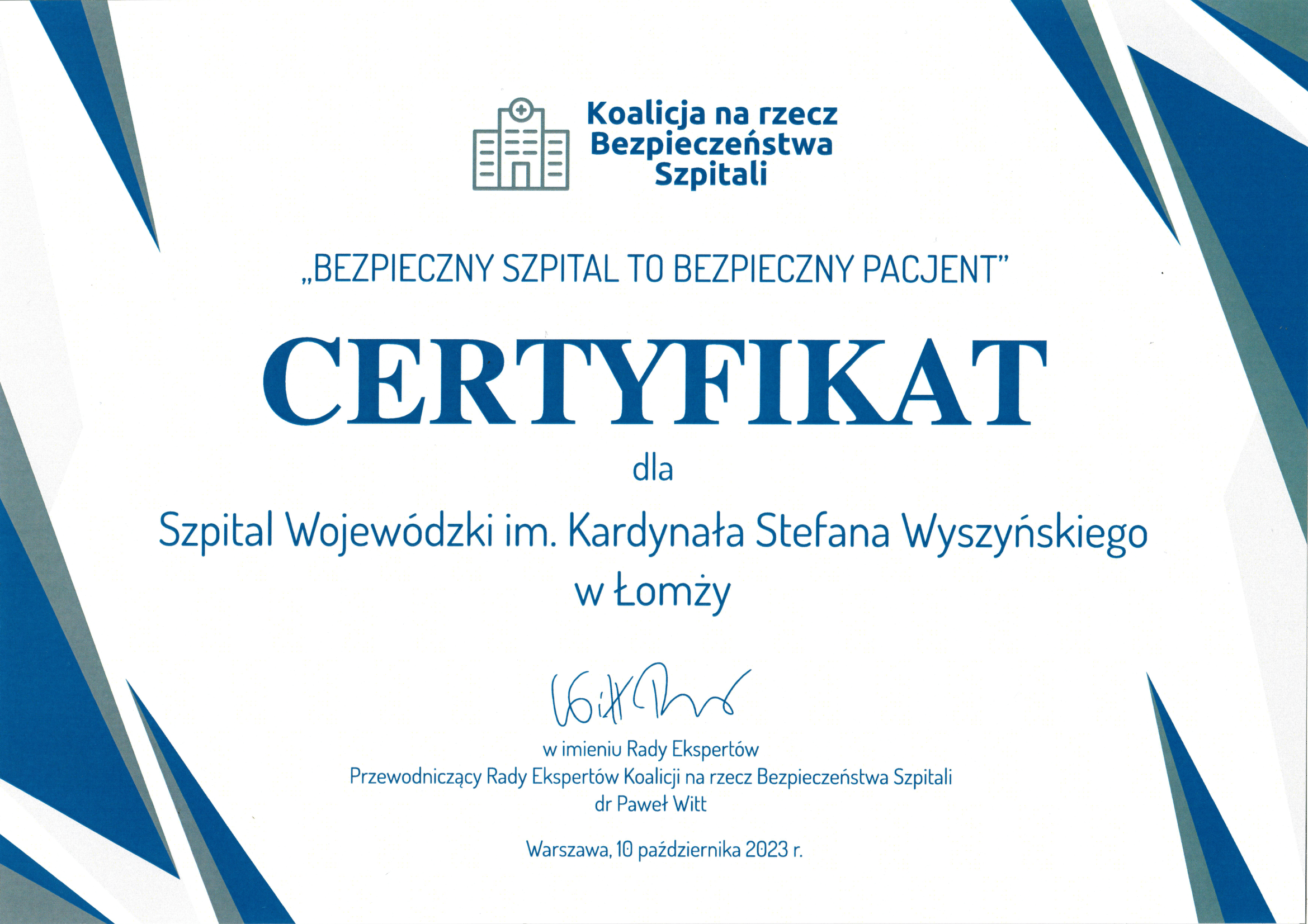 Certyfikat bezpieczny szpital